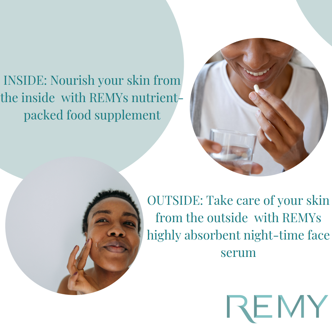 Nourish your way to healthy radiant skin from inside and out with REMYs nutrient packet food supplements and highly absorbent night-time face serum