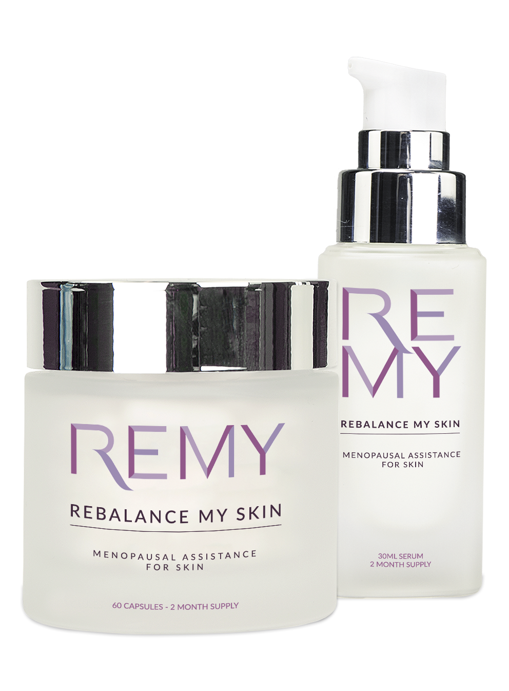 Rebalance your menopausal skin from within and without with REMY's dual approach to skincare. A collagen-boosting night-time serum and daily food supplement work together to replenish aging skin during menopause, reducing the signs of aging, and rebalancing your skin through hormonal changes.